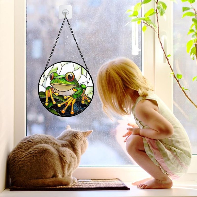 DASTOLL Stained Glass Window Hanging, Green Frog White Petals Sun Catchers Colorful Glass Panel Cute Suncatcher Decor for Birthday for Women, Men, Wife, Aunt, and Mom 6.3 in - Image 2
