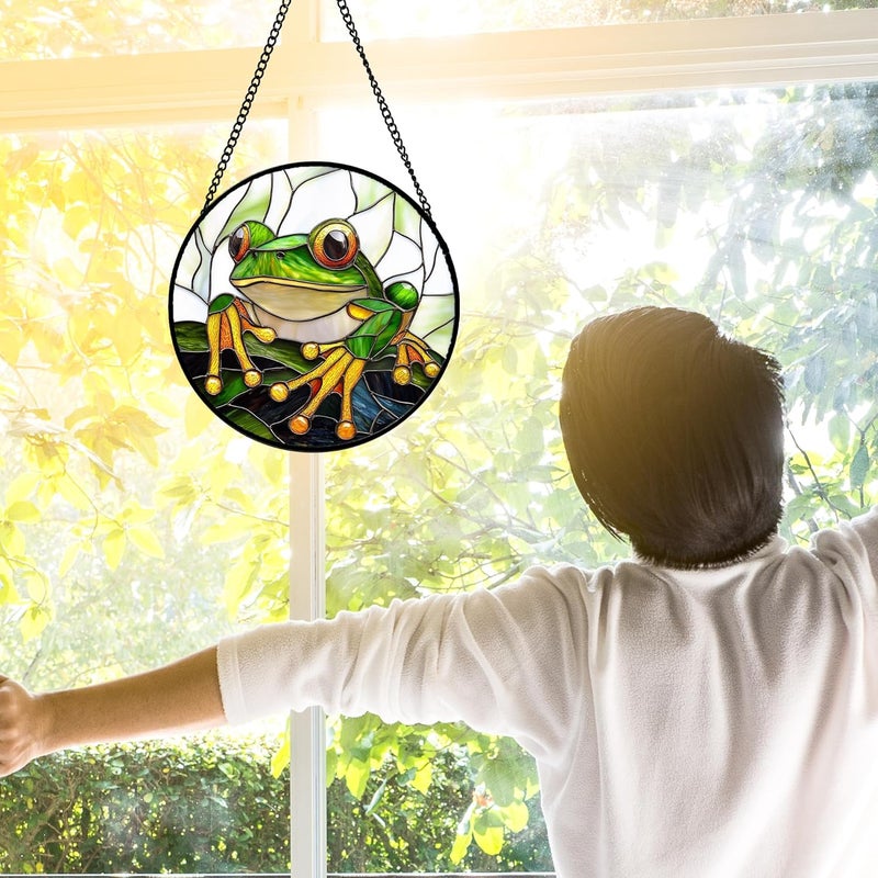 DASTOLL Stained Glass Window Hanging, Green Frog White Petals Sun Catchers Colorful Glass Panel Cute Suncatcher Decor for Birthday for Women, Men, Wife, Aunt, and Mom 6.3 in - Image 3