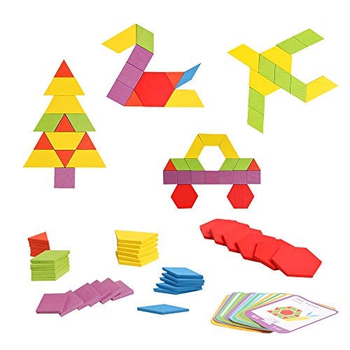 JCREN Wooden Pattern Blocks Montessori Toys Shape Puzzles Kindergarten Classic Educational Tangram Geometric Brain Teaser Toys Best STEM for Kids Ages 4-8 with 24 Pcs Design Cards - Image 4