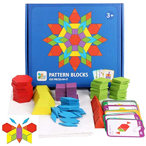 JCREN Wooden Pattern Blocks Montessori Toys Shape Puzzles Kindergarten Classic Educational Tangram Geometric Brain Teaser Toys Best STEM for Kids Ages 4-8 with 24 Pcs Design Cards - Image 1