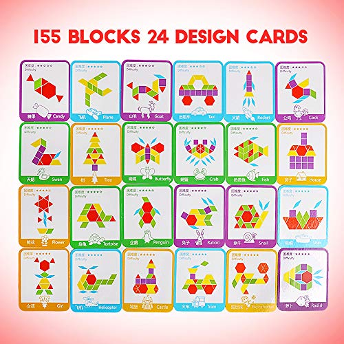 JCREN Wooden Pattern Blocks Montessori Toys Shape Puzzles Kindergarten Classic Educational Tangram Geometric Brain Teaser Toys Best STEM for Kids Ages 4-8 with 24 Pcs Design Cards - Image 5