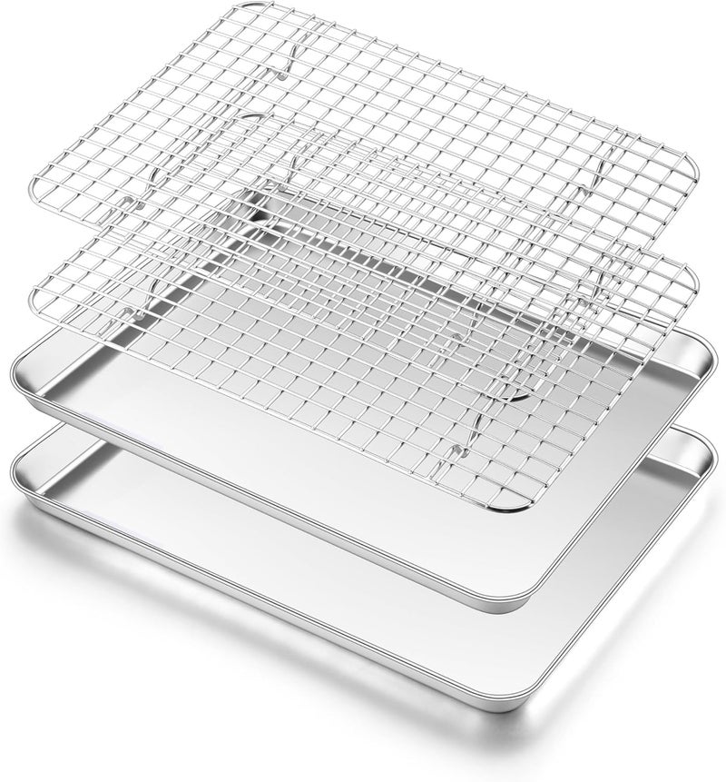 Homikit Cookie Sheet with Rack (2 Small Baking Sheets+2 Grill Racks), 10 x 8 Inch Stainless Steel Cookie Sheets with Wire Cooling Rack, Nonstick Metal Toaster Oven Bacon Tray, Dishwasher Safe - Image 1