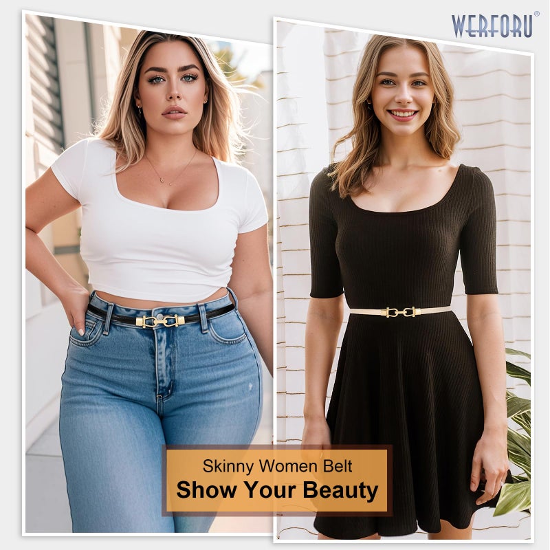 WERFORU 2 Pack Women Skinny Belt for Dress,Thin Waist Belt - Adjustable Leather Belt with Gold Buckle, Black+Beige, Fit Waist Size below 37 Inches - Image 3