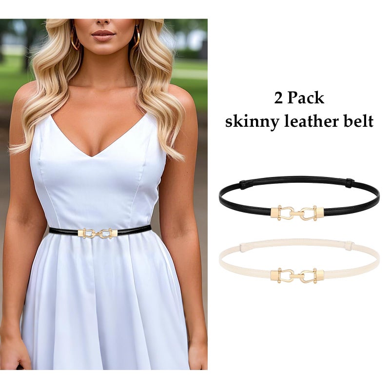 WERFORU 2 Pack Women Skinny Belt for Dress,Thin Waist Belt - Adjustable Leather Belt with Gold Buckle, Black+Beige, Fit Waist Size below 37 Inches - Image 2