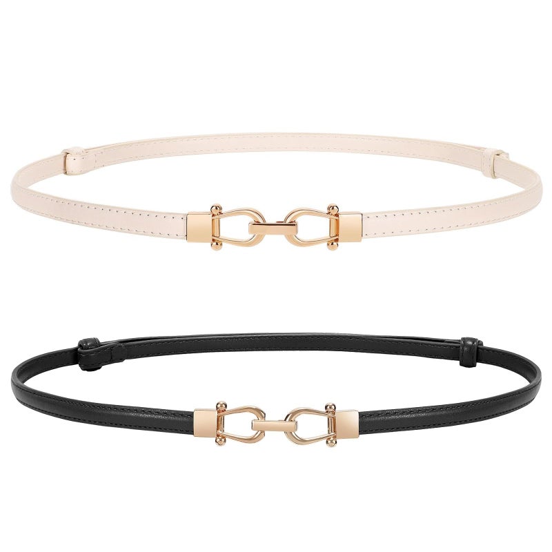 WERFORU 2 Pack Women Skinny Belt for Dress,Thin Waist Belt - Adjustable Leather Belt with Gold Buckle, Black+Beige, Fit Waist Size below 37 Inches - Image 1