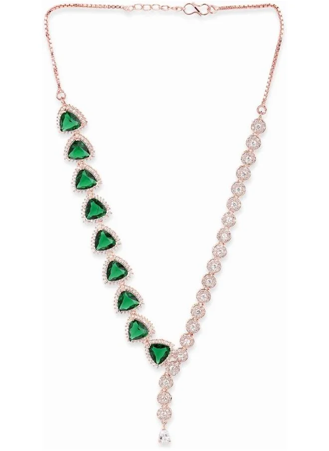 VOYLLA CZ Rose Gold Plated Pearl Brass Necklace Set with Green Stone