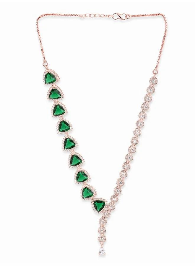 VOYLLA CZ Rose Gold Plated Pearl Brass Necklace Set with Green Stone