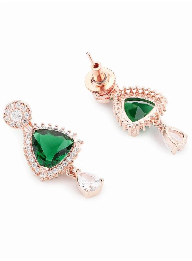 VOYLLA CZ Rose Gold Plated Pearl Brass Necklace Set with Green Stone