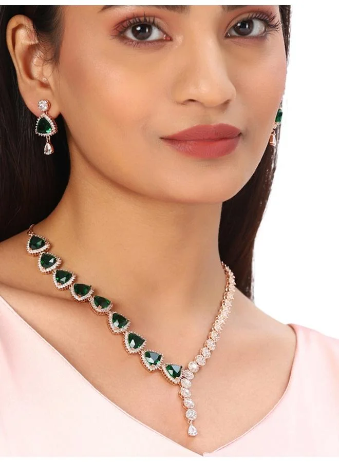 VOYLLA CZ Rose Gold Plated Pearl Brass Necklace Set with Green Stone