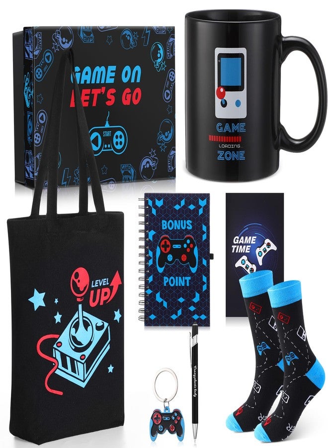 Pickmesh 8 Pcs Gamer Gifts Set Include Spiral Notebook Gamers Canvas Tote Bag 12 oz Gamers Mug Keychain Socks Pen Card Box Christmas Gifts for Teen Teenage Boys Boyfriend Men Birthday Gamer Gift Idea - Image 1