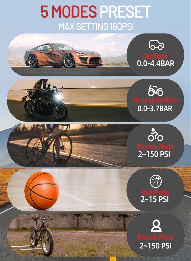 BDO Tire Inflator - Portable Air Compressor, 2.5X Faster 150PSI Cordless Tire Inflator, Tire Air Pump with Dual LCD Display, Auto-Shutoff, Air Compressor for Car, Motorcycle, Bike, Ball（Black） - Image 3