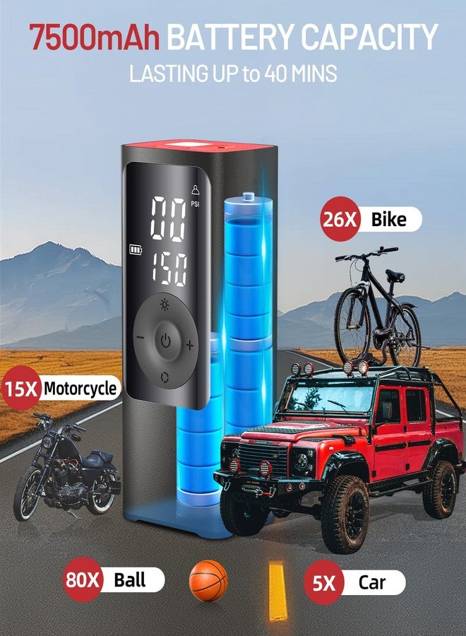 BDO Tire Inflator - Portable Air Compressor, 2.5X Faster 150PSI Cordless Tire Inflator, Tire Air Pump with Dual LCD Display, Auto-Shutoff, Air Compressor for Car, Motorcycle, Bike, Ball（Black） - Image 4