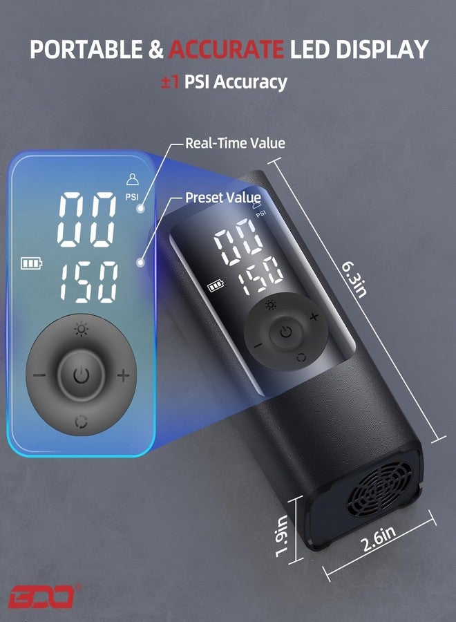 BDO Tire Inflator - Portable Air Compressor, 2.5X Faster 150PSI Cordless Tire Inflator, Tire Air Pump with Dual LCD Display, Auto-Shutoff, Air Compressor for Car, Motorcycle, Bike, Ball（Black） - Image 5