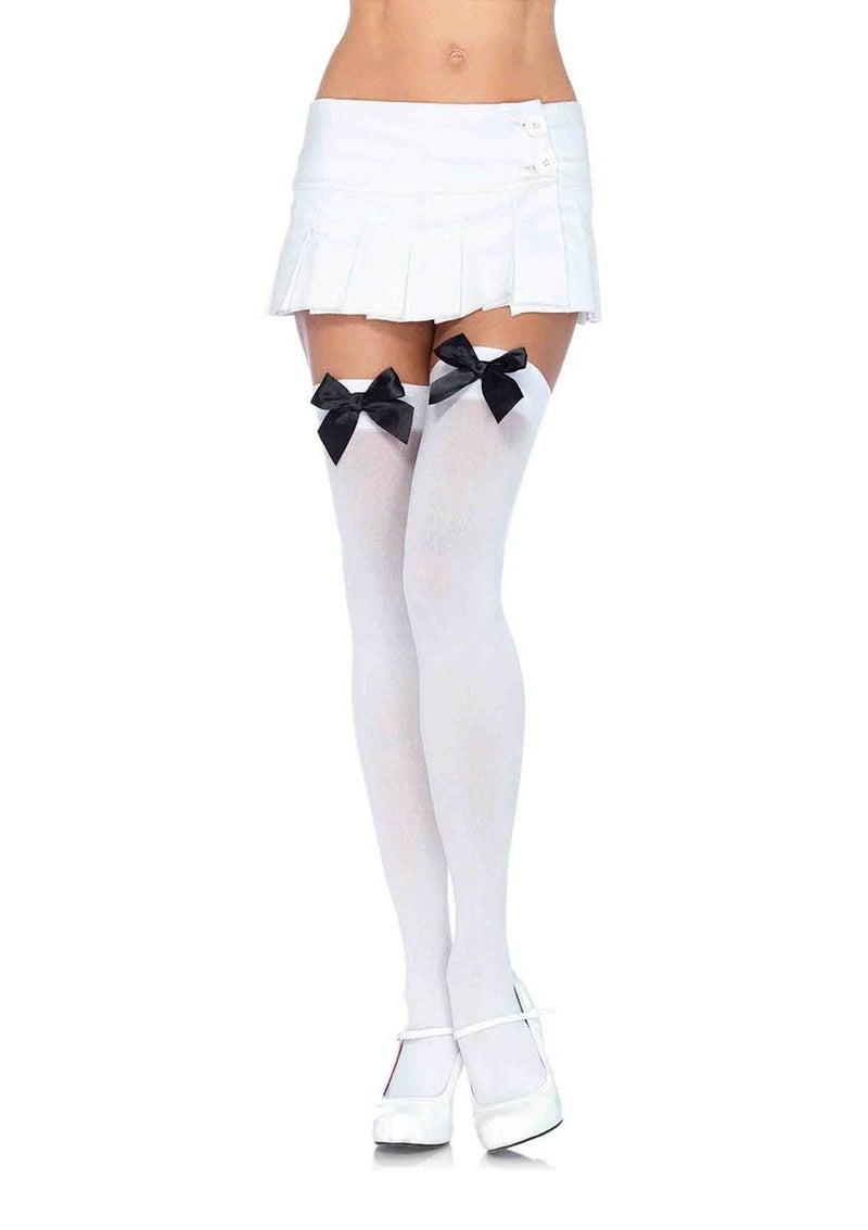 Leg Avenue Womens Satin Bow Accent Thigh Highs, O/S, White/Black - Image 3