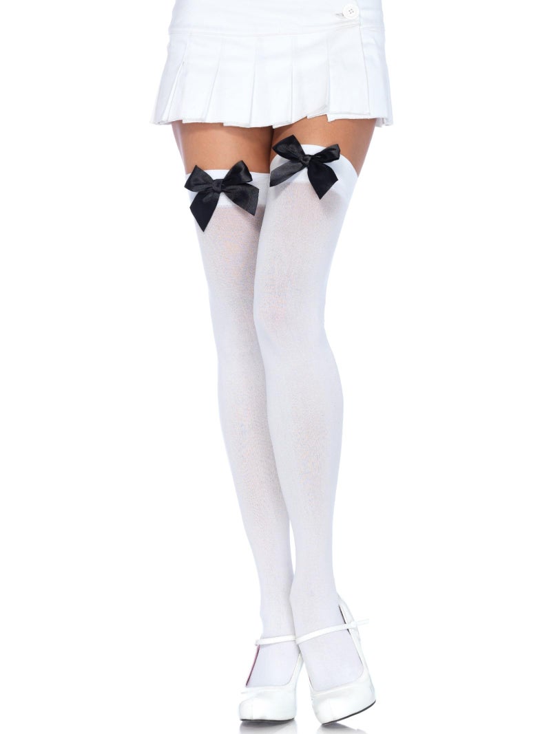 Leg Avenue Womens Satin Bow Accent Thigh Highs, O/S, White/Black - Image 1