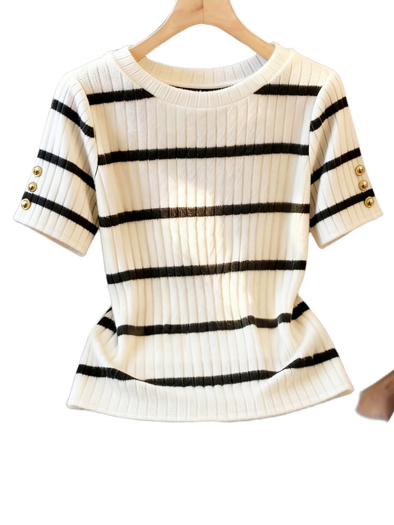 Women's Elegant Black & White Striped Button - Decorated Short Sleeve T - Shirt - Button Sleeve Detail, Medium Stretch Blouse Suitable for Seasons, Machine Washable Non - Top for Casual... - Image 1