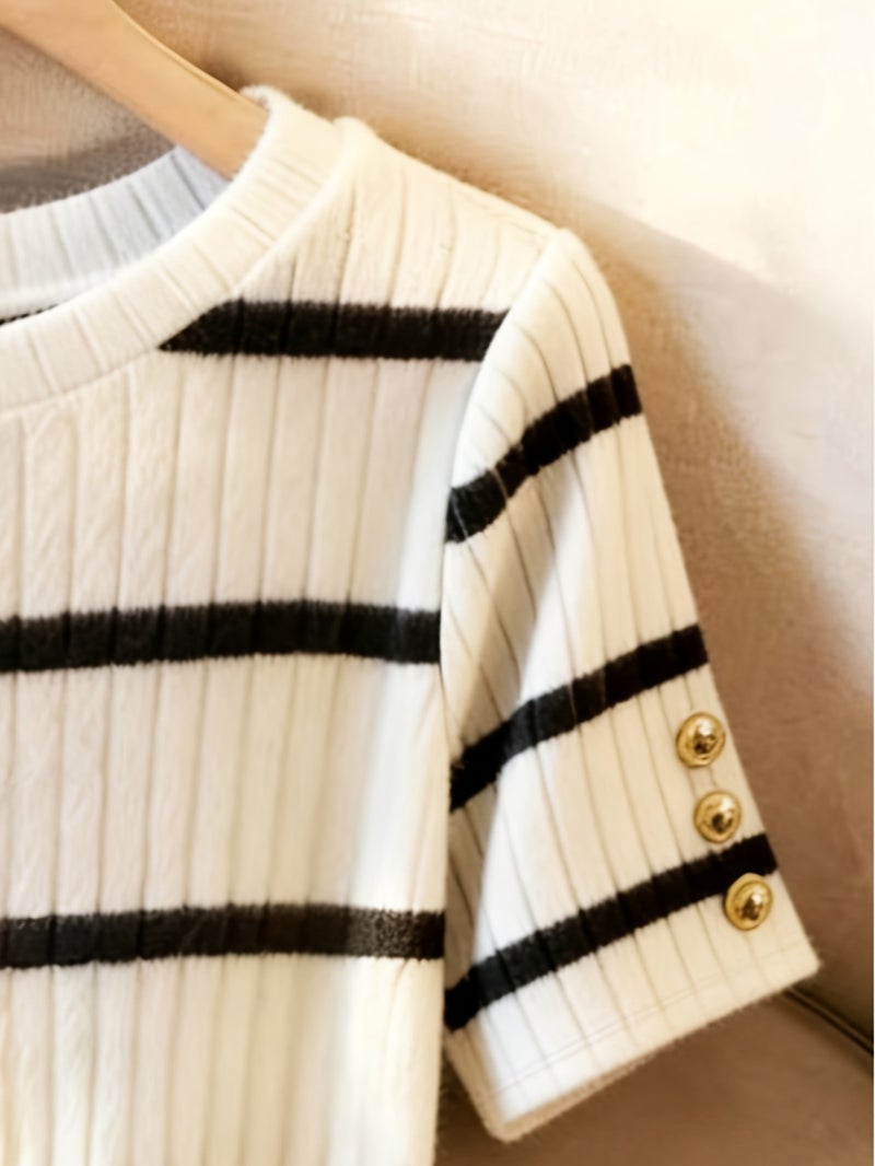 Women's Elegant Black & White Striped Button - Decorated Short Sleeve T - Shirt - Button Sleeve Detail, Medium Stretch Blouse Suitable for Seasons, Machine Washable Non - Top for Casual... - Image 3