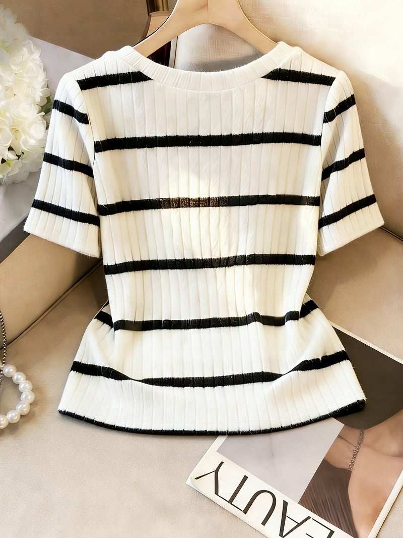 Women's Elegant Black & White Striped Button - Decorated Short Sleeve T - Shirt - Button Sleeve Detail, Medium Stretch Blouse Suitable for Seasons, Machine Washable Non - Top for Casual... - Image 2