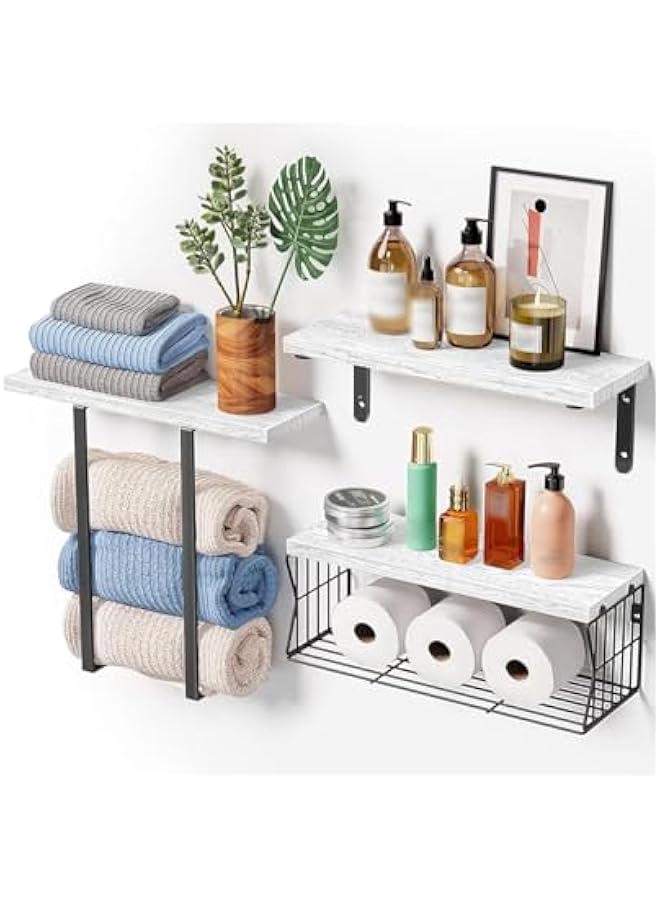HOOKOR 3 Pcs Wall Shelves Wall Mounted Over Bathroom, Floating Shelves with Towel Rack Paper Holder Storage,Small Wall Shelf for Bathroom,Kitchen,Living Room (White) - Image 1