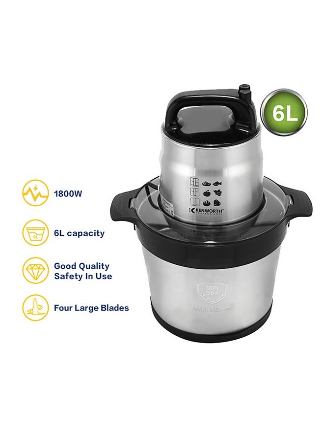 KENWORTH - 6L Stainless Steel Multifunctional Dual Speed Regulation Double Layer Four Blade Knife Cooking Machine, Household Meat Grinder, Meat Shredder, and Dumpling Filling Grinder - Image 1