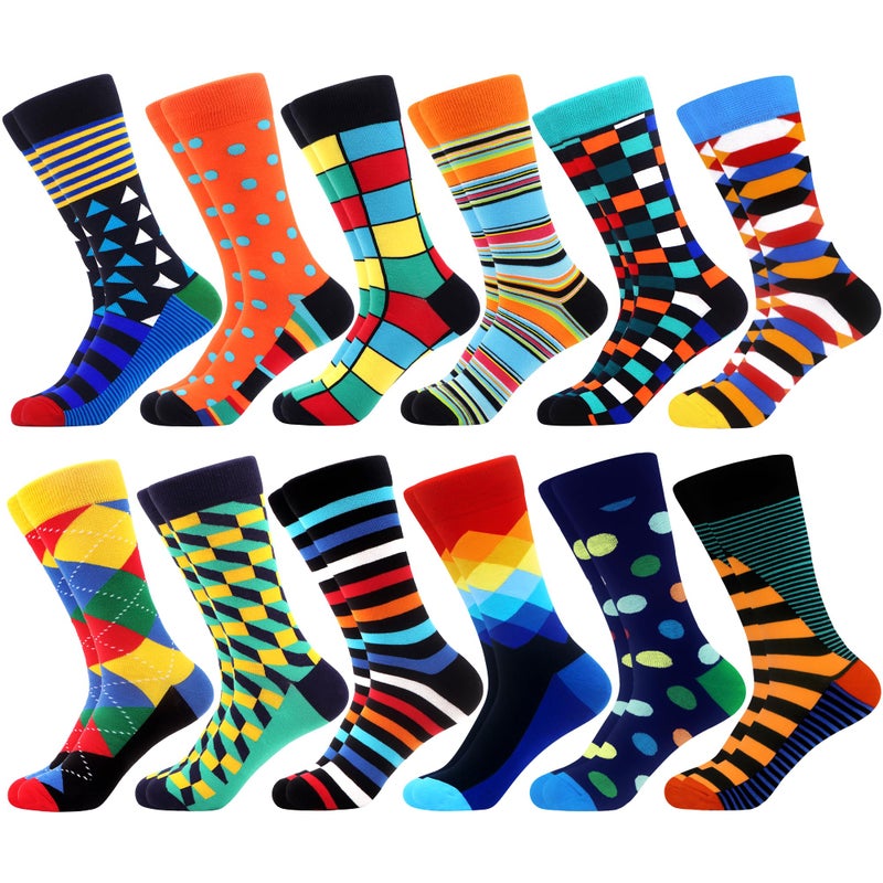 WeciBor Men's Dress Colorful Funny Cotton Crew Socks, 12 Pack Multicolor Geometry, Size 10-13 - Image 1