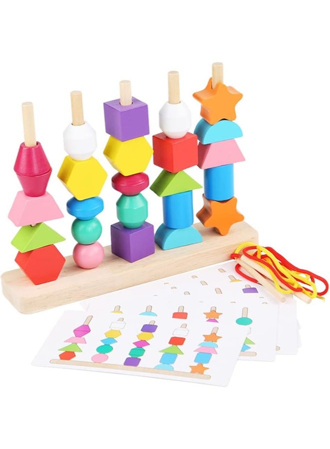 Montessori Wooden Beads Sequencing Toy Set,Stacking Blocks & Lacing Beads & Matching Shape Stacker,Early Educational Montessori Toys for 2 3 4 5 Year Old Kids Boy Girl Toddler  - Image 1