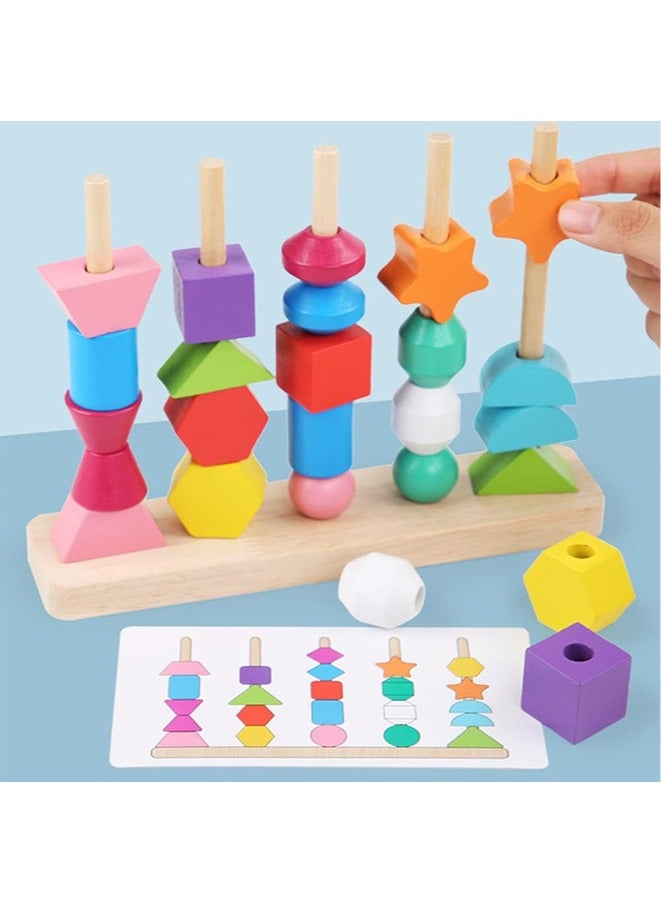 Montessori Wooden Beads Sequencing Toy Set,Stacking Blocks & Lacing Beads & Matching Shape Stacker,Early Educational Montessori Toys for 2 3 4 5 Year Old Kids Boy Girl Toddler  - Image 3