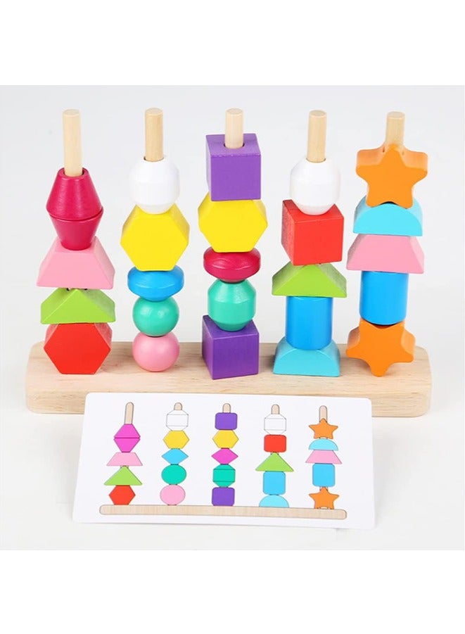 Montessori Wooden Beads Sequencing Toy Set,Stacking Blocks & Lacing Beads & Matching Shape Stacker,Early Educational Montessori Toys for 2 3 4 5 Year Old Kids Boy Girl Toddler  - Image 4