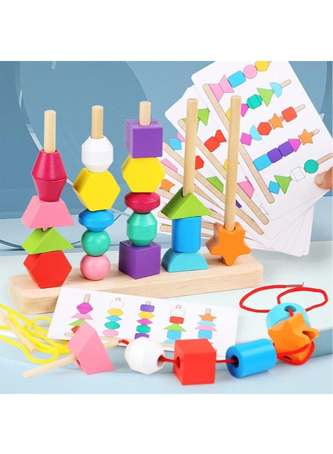 Montessori Wooden Beads Sequencing Toy Set,Stacking Blocks & Lacing Beads & Matching Shape Stacker,Early Educational Montessori Toys for 2 3 4 5 Year Old Kids Boy Girl Toddler  - Image 2