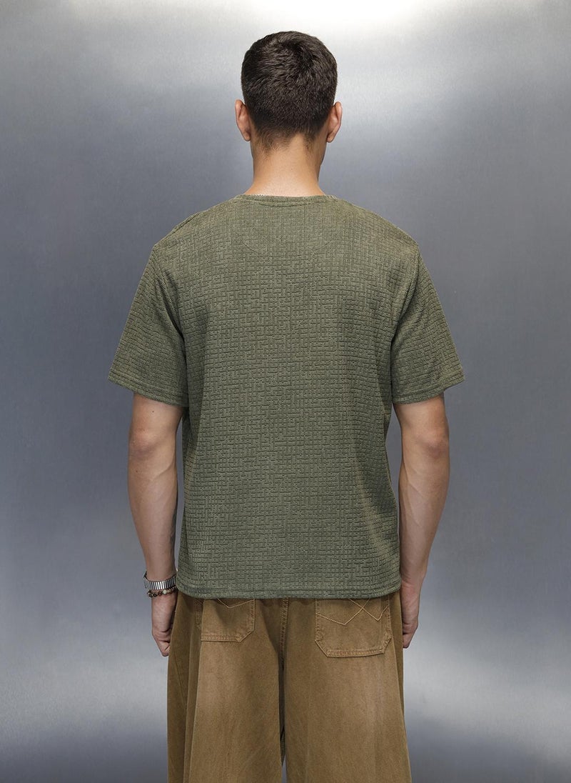 Wrogn Textured Men's Casual Regualr Fit T-Shirt | Olive - Image 3