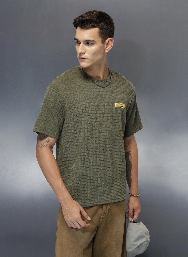 Wrogn Textured Men's Casual Regualr Fit T-Shirt | Olive - Image 1