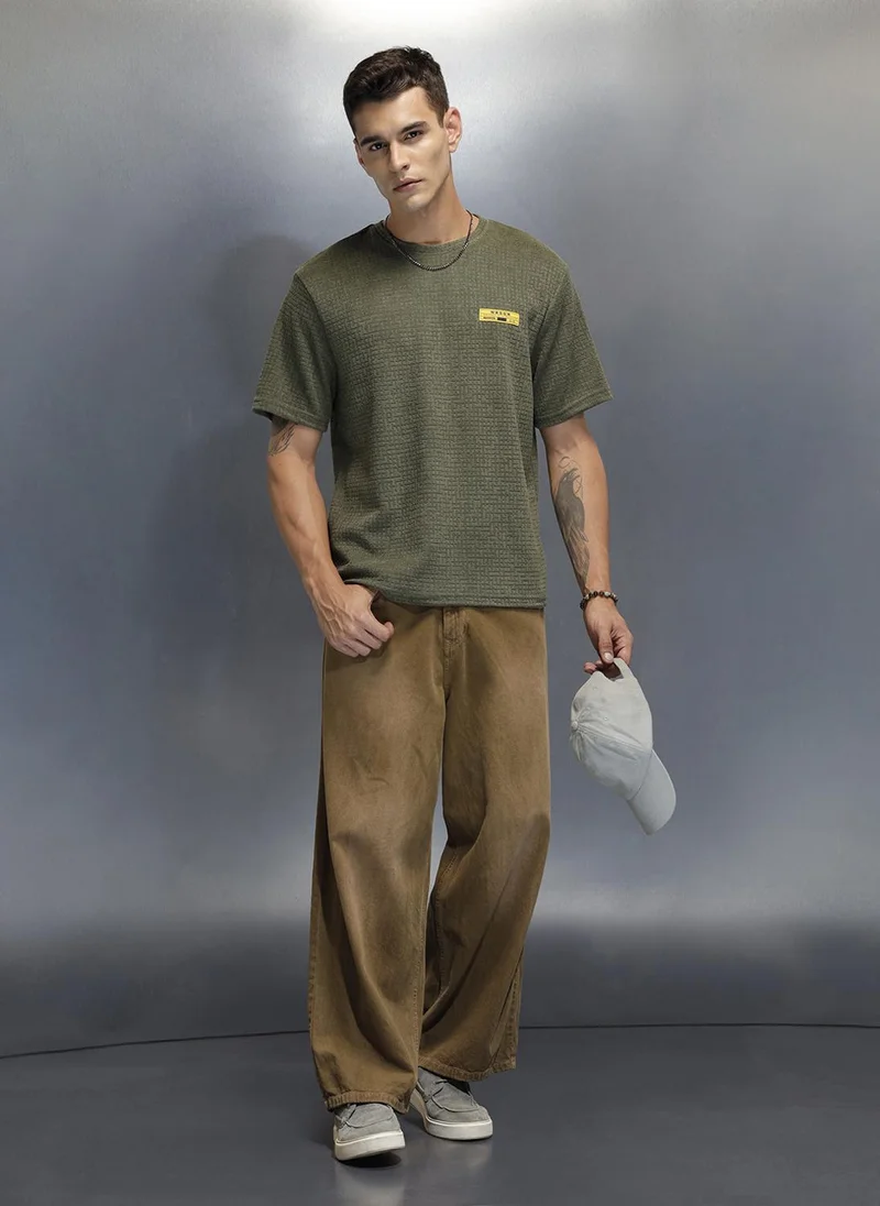 روجن Textured Men's Casual Regualr Fit T-Shirt | Olive