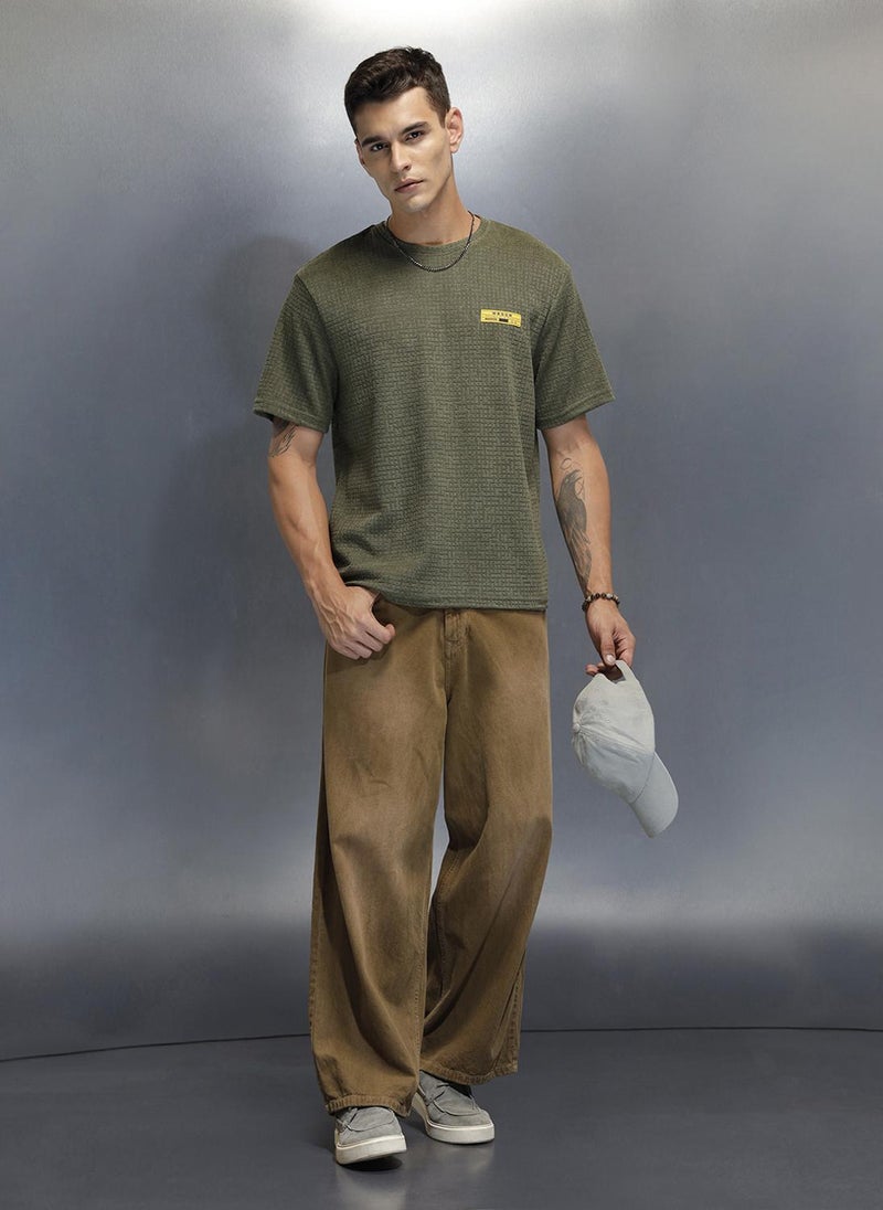 Wrogn Textured Men's Casual Regualr Fit T-Shirt | Olive - Image 2