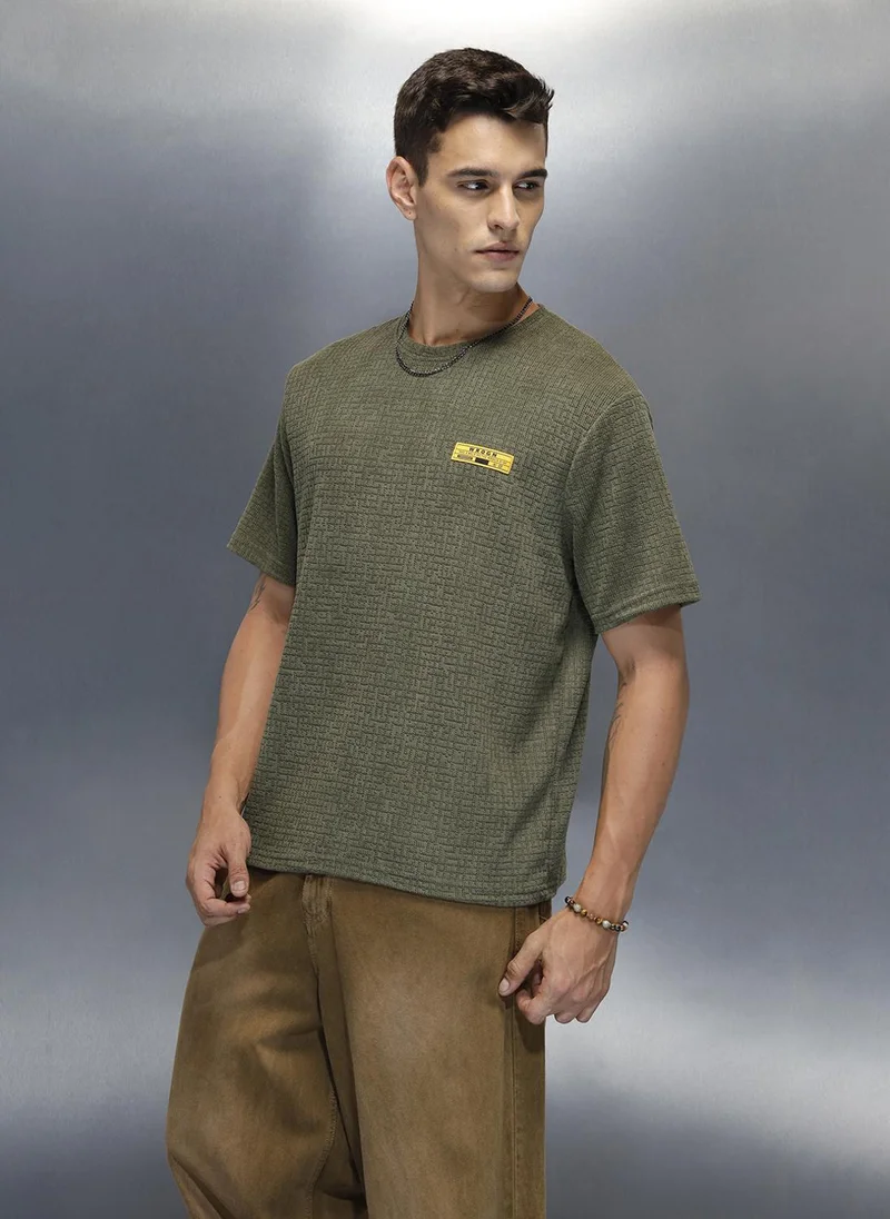 Wrogn  Textured Men's Casual Regualr Fit T-Shirt | Olive for Men | Best Price UAE