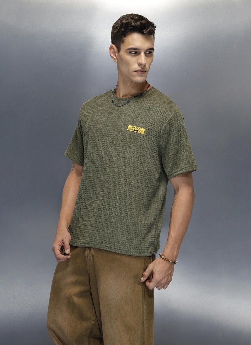 Wrogn Textured Men's Casual Regualr Fit T-Shirt | Olive - Image 4