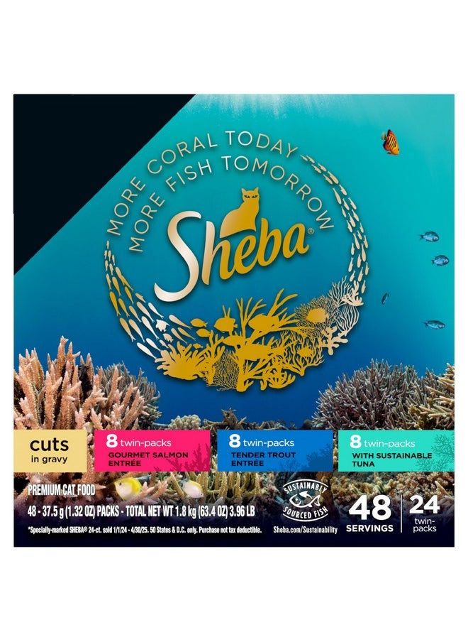 Sheba Perfect Portions Cuts In Gravy Wet Cat Food Trays (24 Count, 48 Servings), Salmon, Trout, And Sustainable Tuna Entrée Variety Pack, Easy Peel TwinPack Trays  - Image 1