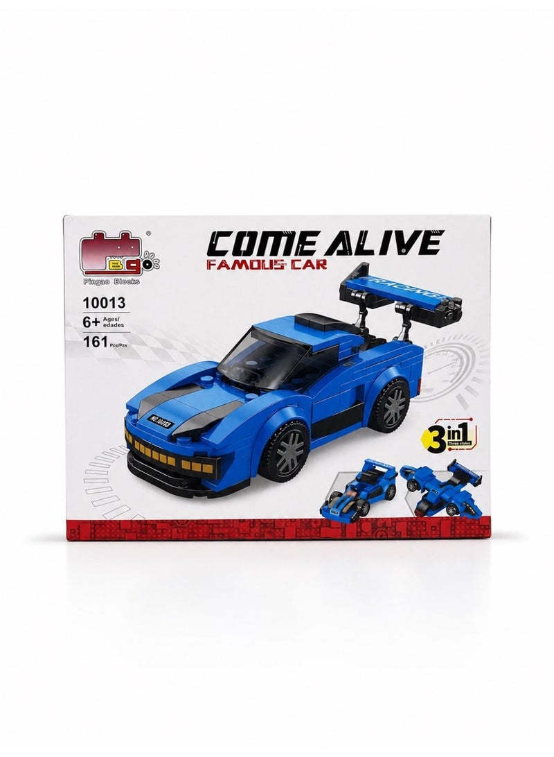 Pingao Blocks Come Alive Famous Car 3-in-1 Building Blocks Toy Set Blue 161 Pieces for Kids 6+ - Image 1