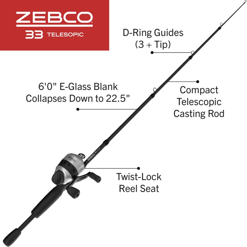 Zebco 33 Spincast Reel and Telescopic Fishing Rod Combo, Extendable 22.5-Inch to 6-Foot E-Glass Fishing Pole, Size 30 Reel, Quickset Anti-Reverse Fishing Reel with Bite Alert, Silver/Black - Image 2