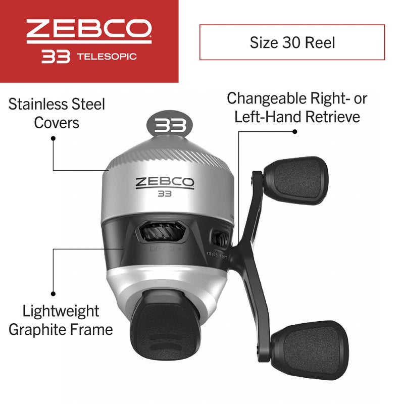 Zebco 33 Spincast Reel and Telescopic Fishing Rod Combo, Extendable 22.5-Inch to 6-Foot E-Glass Fishing Pole, Size 30 Reel, Quickset Anti-Reverse Fishing Reel with Bite Alert, Silver/Black - Image 3