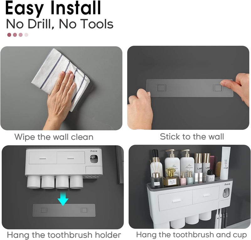 iHave حاملات فرشاة الأسنان للحمامات، حامل فرشاة الأسنان 4 أكواب مثبت على الحائط مع موزع معجون الأسنان - صينية بسعة كبيرة، 2 درج تجميلي - منظم الحمام ومجموعة ملحقات الحمام - Image 4