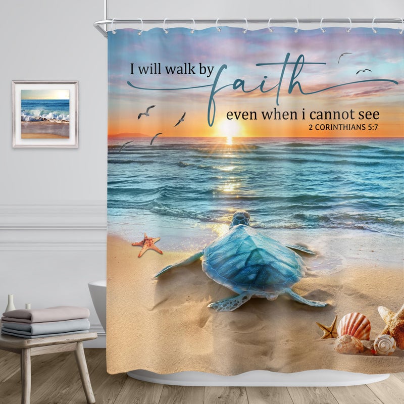 Riyidecor Beach Turtle Shower Curtain 60Wx72H Inch Bible Verse Curtain Ocean Sea Animal Summer Coastal Seaside Scenic Christian Quote Landscape Bathroom Decor Fabric Polyester Waterproof 12 Pack Hooks - Image 3