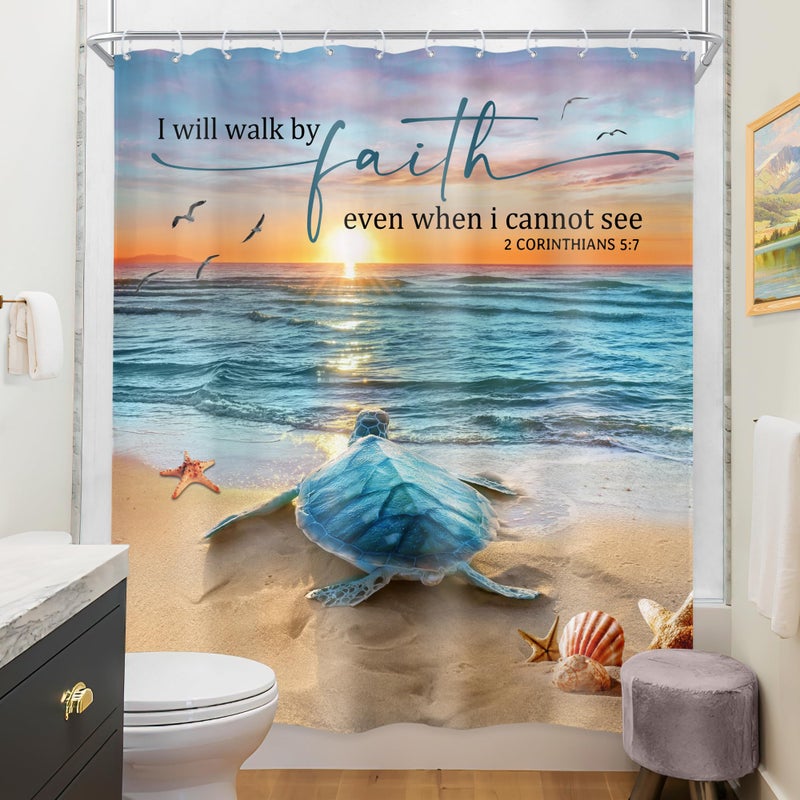 Riyidecor Beach Turtle Shower Curtain 60Wx72H Inch Bible Verse Curtain Ocean Sea Animal Summer Coastal Seaside Scenic Christian Quote Landscape Bathroom Decor Fabric Polyester Waterproof 12 Pack Hooks - Image 4