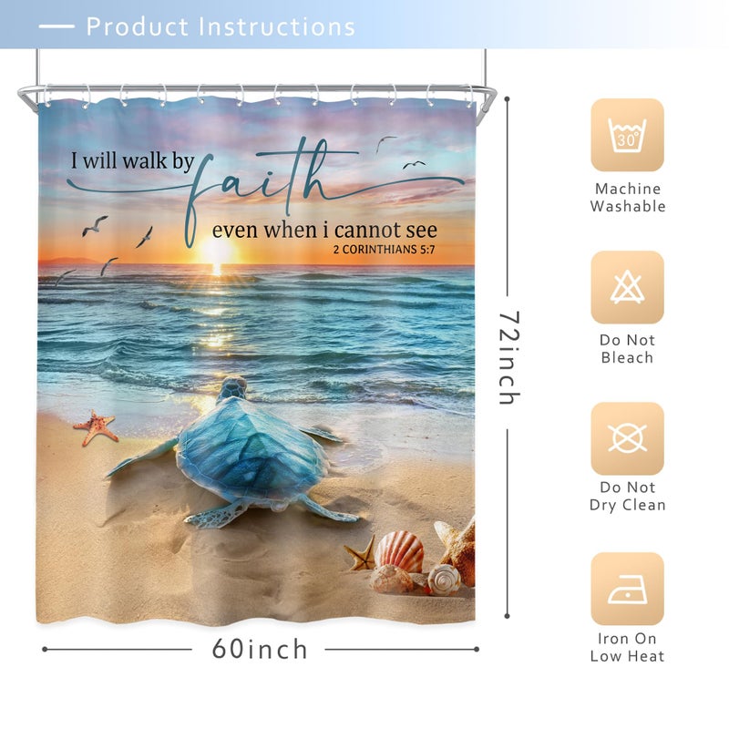 Riyidecor Beach Turtle Shower Curtain 60Wx72H Inch Bible Verse Curtain Ocean Sea Animal Summer Coastal Seaside Scenic Christian Quote Landscape Bathroom Decor Fabric Polyester Waterproof 12 Pack Hooks - Image 5