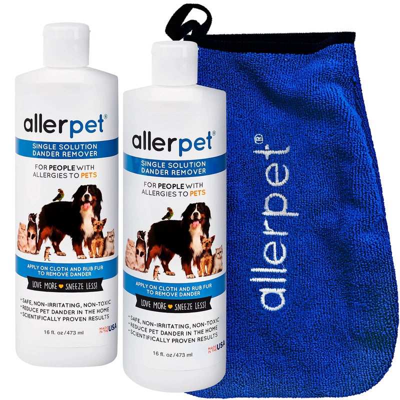 Allerpet Single Solution 16 fl oz Bottle Dander Remover for Pets (2 Pack) - Relieves Allergies - Bonus Mitt to Easily Apply Solution to Your Pet - Image 1