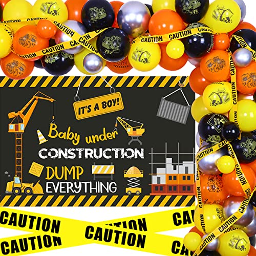 Balterever Construction Baby Shower Decorations Yellow Orange Under Construction Party Balloon Garland Kit Dump Truck Baby Shower Decors with Excavator Birthday Backdrop Caution Tape for Construction Theme Party - Image 1