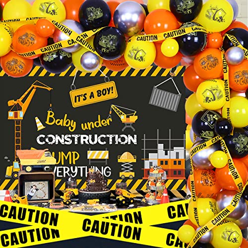 Balterever Construction Baby Shower Decorations Yellow Orange Under Construction Party Balloon Garland Kit Dump Truck Baby Shower Decors with Excavator Birthday Backdrop Caution Tape for Construction Theme Party - Image 5