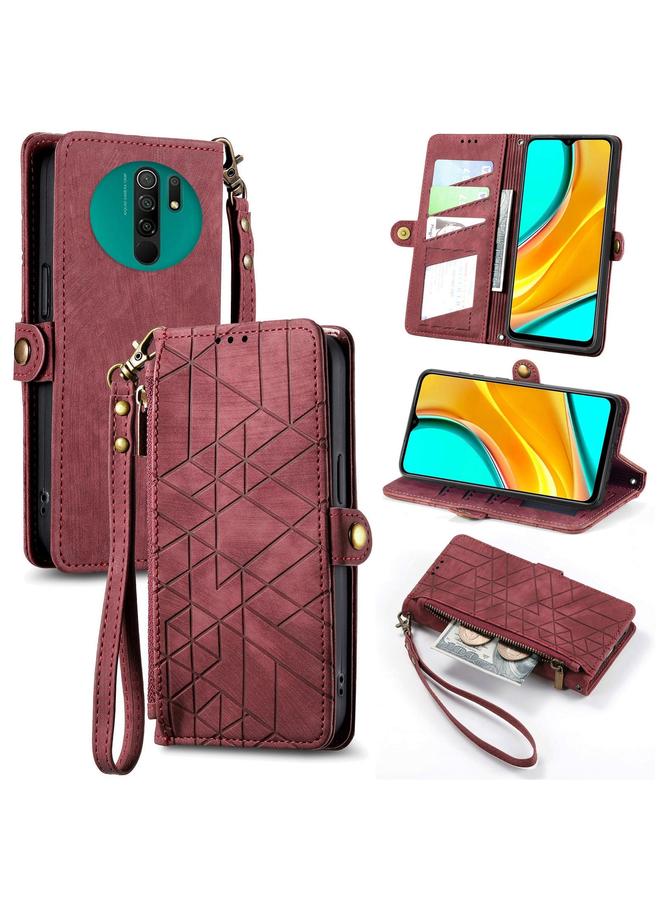 The Bros Case For Xiaomi Redmi 9 Geometric Zipper Wallet Side Buckle Leather Phone Case