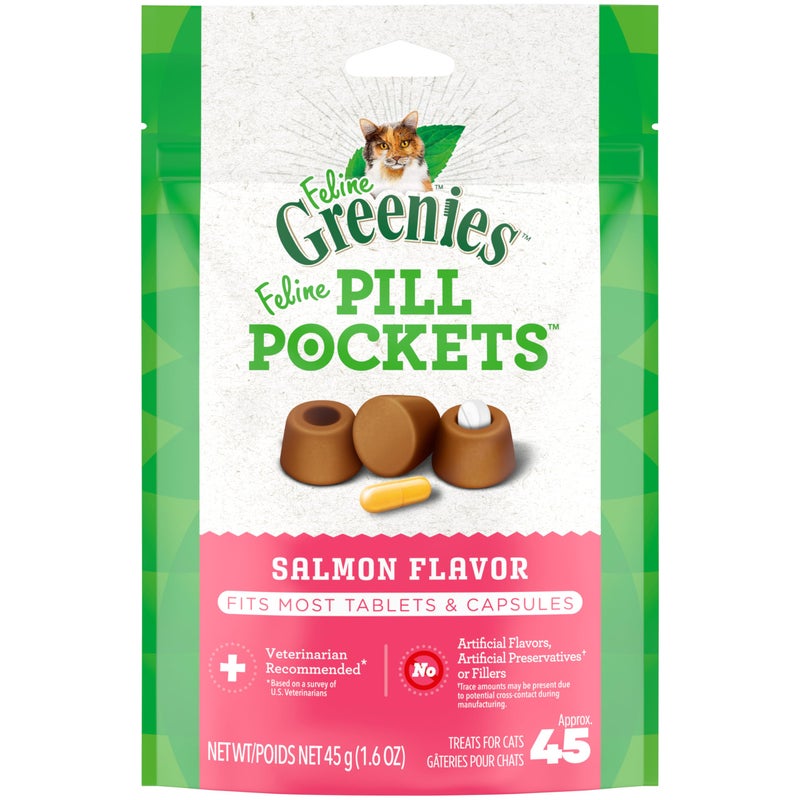 Greenies Feline Pill Pockets for Cats Natural Soft Cat Treats, Salmon Flavor, 1.6 oz. Pouch (45 Treats) - Image 1