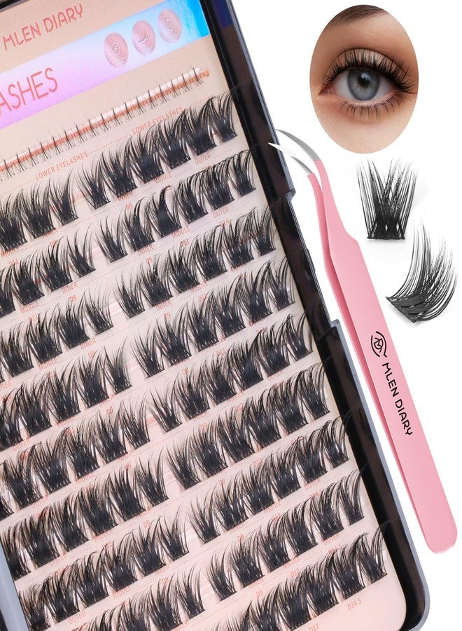 MLEN DIARY Lash Cluster 132 Pcs Cluster Lashes 10-14.5mm D Curl DIY Eyelash Extensions Wispy Cat Eye Eyelash Clusters Super Thin Band Manga Volume Eyelash Extension Kit with Tweezers DIY at Home - Image 1
