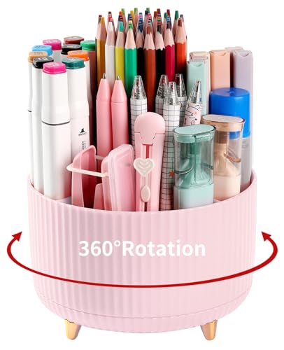 EDENMS Desk Pencil Pen Holder, 5 Slots 360°Degree Rotating Organizers for Desk, Desktop Storage Stationery Supplies Organizer, Cute Cup Pot Office, School, Home, Art Supply, Pink - Image 1